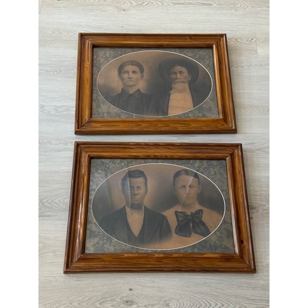 Large Pair of Antique Late 19th Century Wood Framed Family Portraits Wall Decor